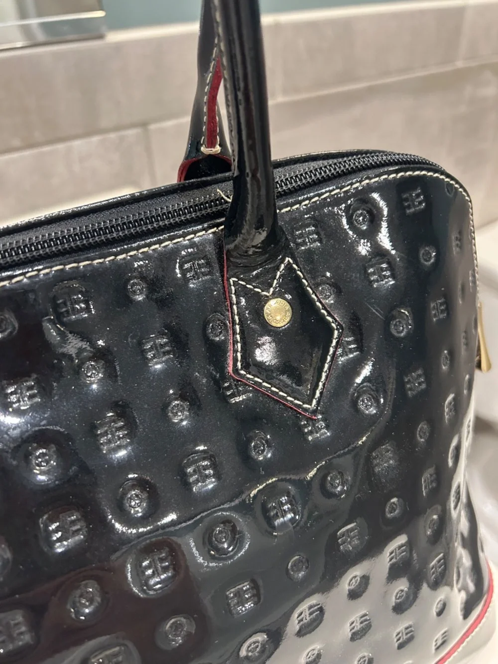 Quiet luxury Arcadia Italy black embossed patent leather satchel bag